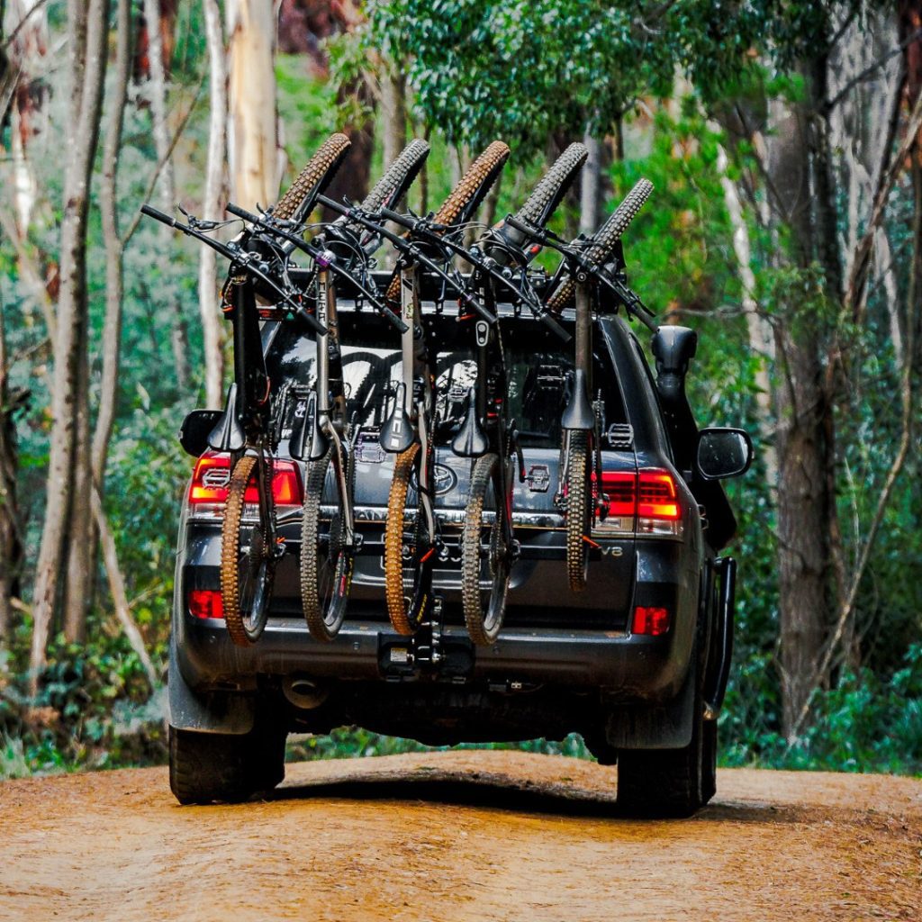 Shingleback Lite vertical bike rack on towbar on Toyota Landcruiser 200 series vehicle