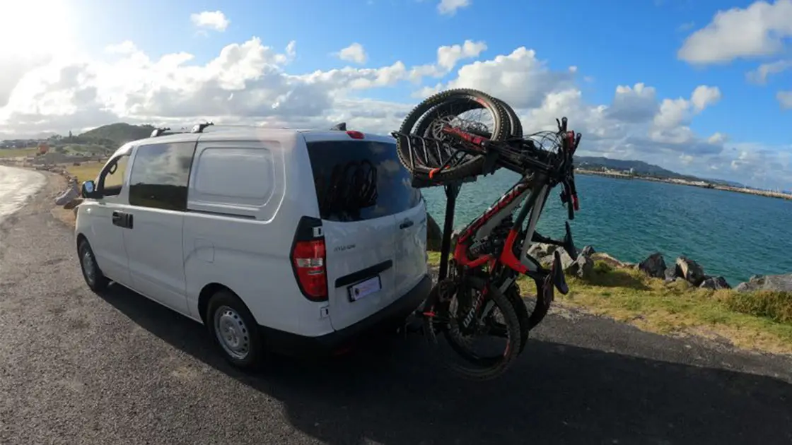 Shingleback lite vertical bike rack review on the back of white van