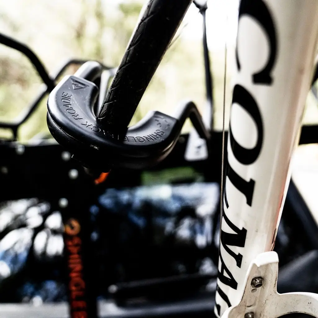 Roadie insert on Shingleback MTB Rack carrying road bike